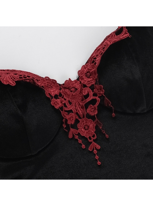 Elegant Sexy Black Velvet Red Embroidered Roses Decorated Gothic Style Suspender Halter Neck Top