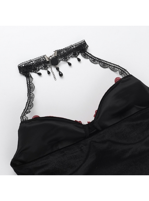 Elegant Sexy Black Velvet Red Embroidered Roses Decorated Gothic Style Suspender Halter Neck Top