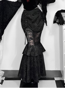 Sexy Elegant Black Hollow Lace Splicing Exquisite Dark Pattern Gothic Style Slim Skirt