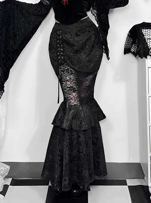 Sexy Elegant Black Hollow Lace Splicing Exquisite Dark Pattern Gothic Style Slim Skirt