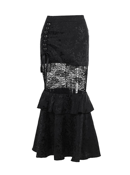 Sexy Elegant Black Hollow Lace Splicing Exquisite Dark Pattern Gothic Style Slim Skirt