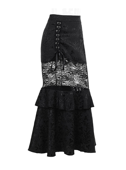 Sexy Elegant Black Hollow Lace Splicing Exquisite Dark Pattern Gothic Style Slim Skirt