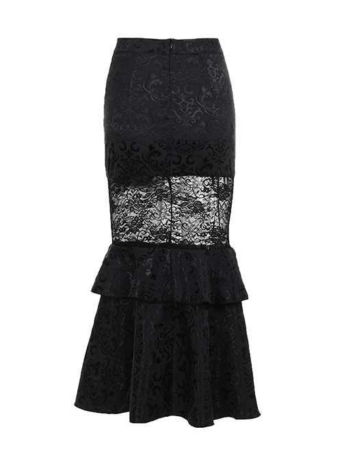 Sexy Elegant Black Hollow Lace Splicing Exquisite Dark Pattern Gothic Style Slim Skirt