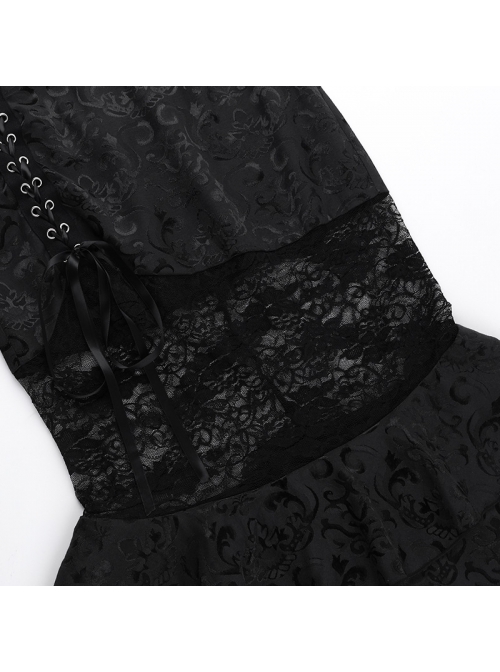 Sexy Elegant Black Hollow Lace Splicing Exquisite Dark Pattern Gothic Style Slim Skirt