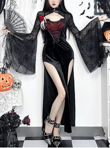 Sexy Slightly Transparent Black High Collar Spider Web Mesh Gothic Style Flared Long Sleeves Shawl