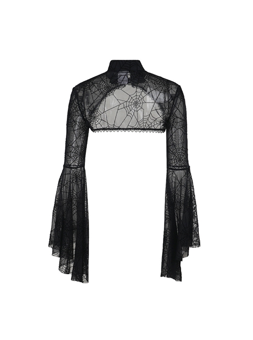 Sexy Slightly Transparent Black High Collar Spider Web Mesh Gothic Style Flared Long Sleeves Shawl