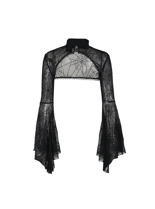 Sexy Slightly Transparent Black High Collar Spider Web Mesh Gothic Style Flared Long Sleeves Shawl