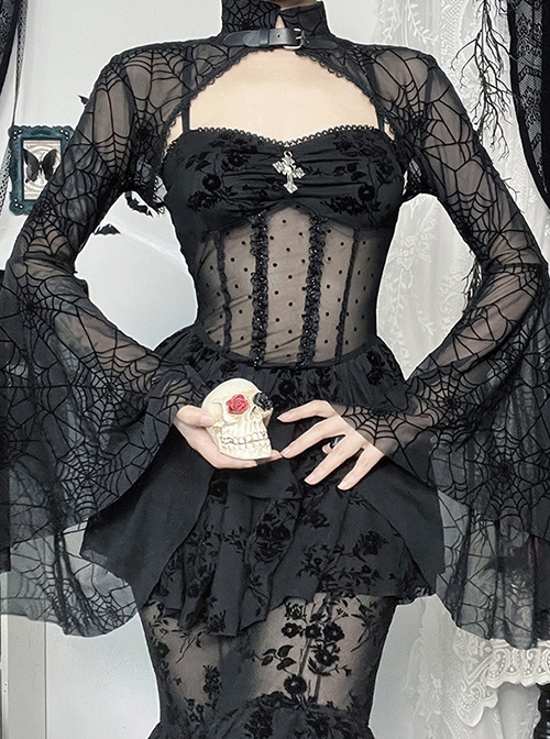 Sexy Slightly Transparent Black High Collar Spider Web Mesh Gothic Style Flared Long Sleeves Shawl