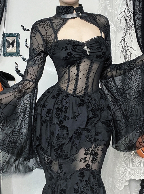 Sexy Slightly Transparent Black High Collar Spider Web Mesh Gothic Style Flared Long Sleeves Shawl