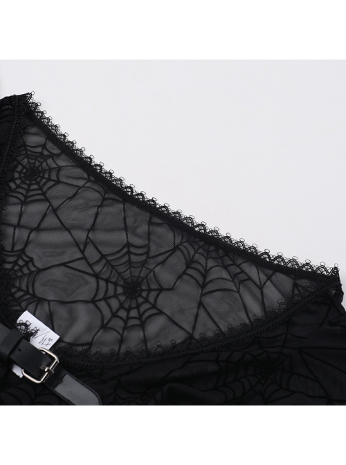 Sexy Slightly Transparent Black High Collar Spider Web Mesh Gothic Style Flared Long Sleeves Shawl
