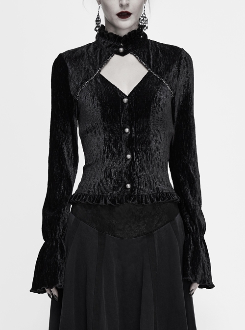 V-Neck Chest Hollow Back Lace-Up Dovetail Hem Black Gothic Crimped Velvet Blouse