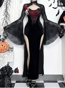 Sexy Elegant Black Spider Web Mesh Splicing Skull Rose Decoration Gothic Style Slim Suspender Dress