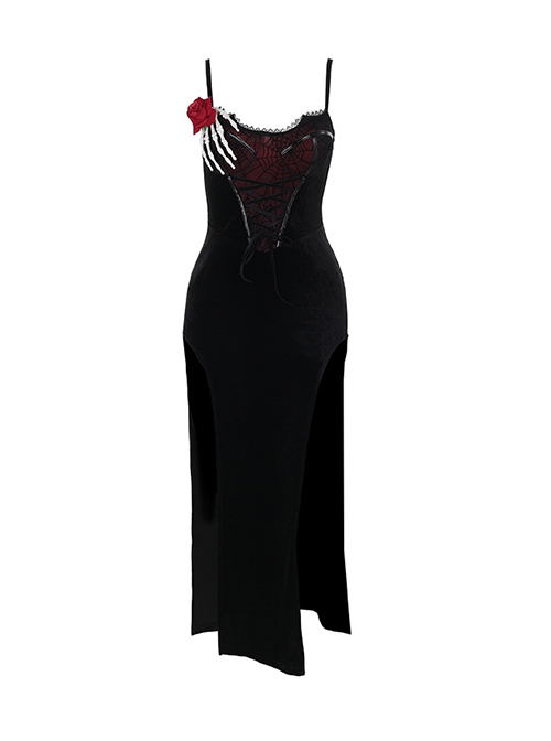 Sexy Elegant Black Spider Web Mesh Splicing Skull Rose Decoration Gothic Style Slim Suspender Dress