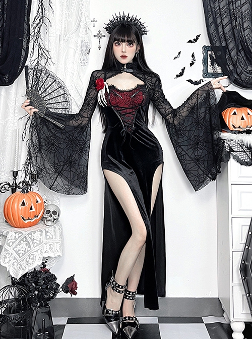 Sexy Elegant Black Spider Web Mesh Splicing Skull Rose Decoration Gothic Style Slim Suspender Dress