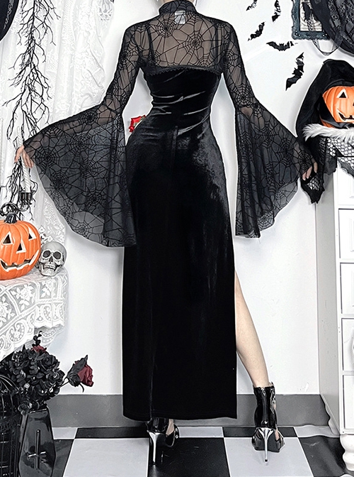 Sexy Elegant Black Spider Web Mesh Splicing Skull Rose Decoration Gothic Style Slim Suspender Dress