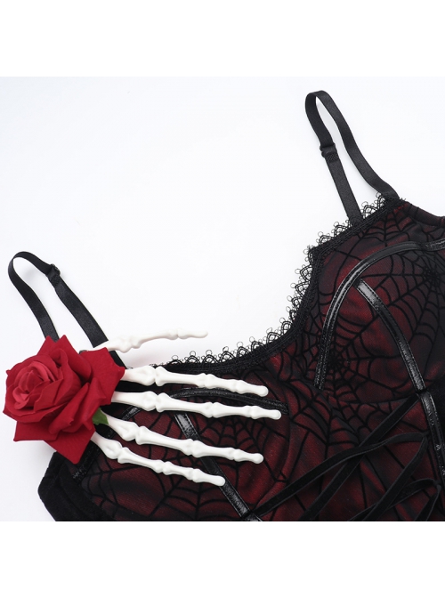 Sexy Elegant Black Spider Web Mesh Splicing Skull Rose Decoration Gothic Style Slim Suspender Dress