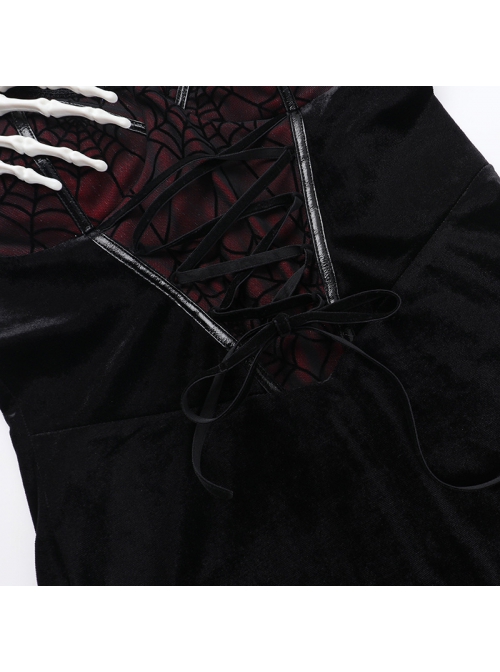 Sexy Elegant Black Spider Web Mesh Splicing Skull Rose Decoration Gothic Style Slim Suspender Dress