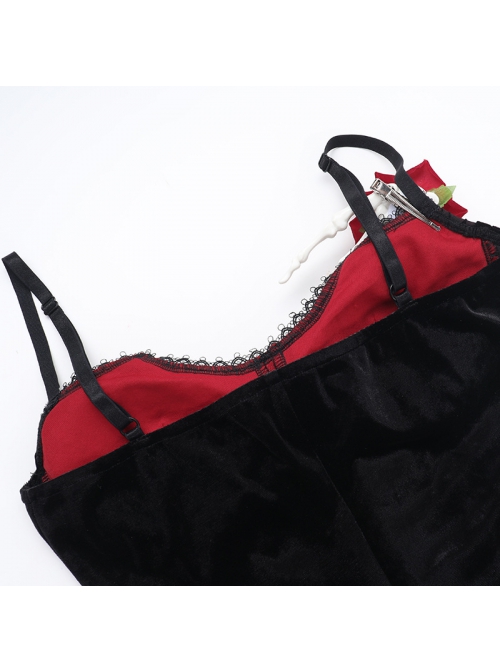 Sexy Elegant Black Spider Web Mesh Splicing Skull Rose Decoration Gothic Style Slim Suspender Dress