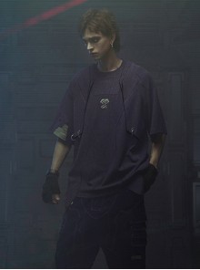 Dust Purple Cotton Old Texture Cyberpunk Street Loose Washed Double Shoulder Armor Short Sleeves T-shirt