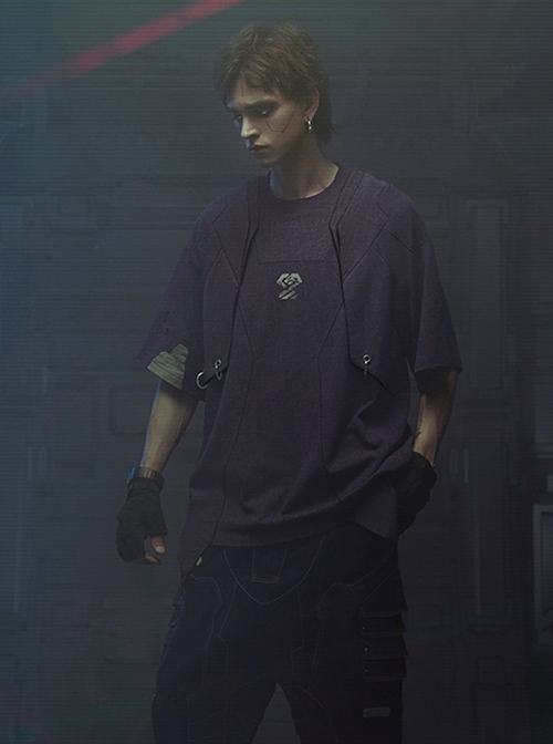 Dust Purple Cotton Old Texture Cyberpunk Street Loose Washed Double Shoulder Armor Short Sleeves T-shirt