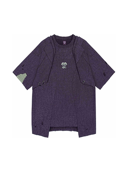 Dust Purple Cotton Old Texture Cyberpunk Street Loose Washed Double Shoulder Armor Short Sleeves T-shirt