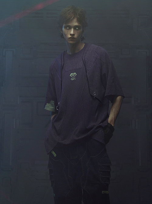 Dust Purple Cotton Old Texture Cyberpunk Street Loose Washed Double Shoulder Armor Short Sleeves T-shirt