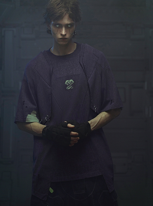 Dust Purple Cotton Old Texture Cyberpunk Street Loose Washed Double Shoulder Armor Short Sleeves T-shirt