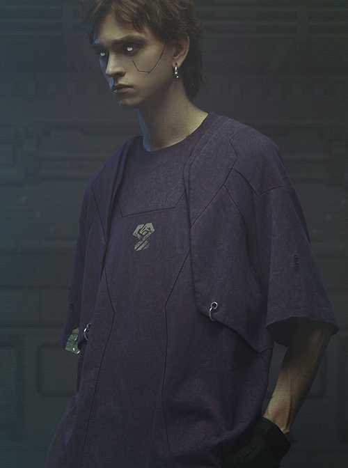 Dust Purple Cotton Old Texture Cyberpunk Street Loose Washed Double Shoulder Armor Short Sleeves T-shirt