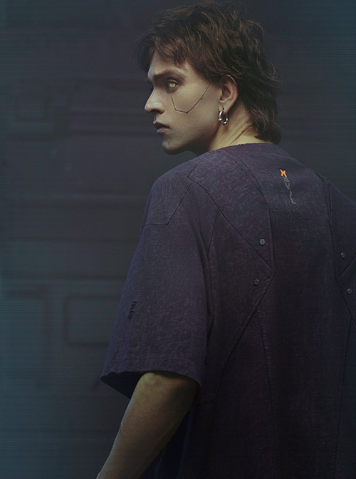 Dust Purple Cotton Old Texture Cyberpunk Street Loose Washed Double Shoulder Armor Short Sleeves T-shirt