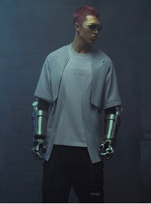 Sci-Fi Style Metal Rivets Irregular Hem Street Loose Cotton Color Matching Double Shoulder Armor Cyberpunk Short Sleeves T-shirt