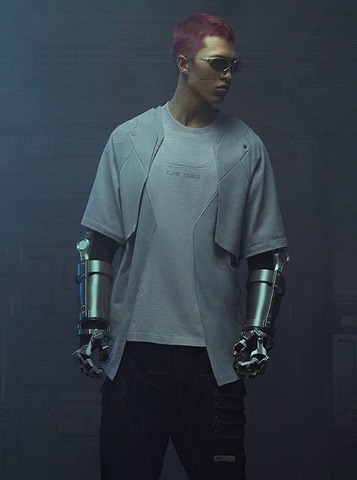Sci-Fi Style Metal Rivets Irregular Hem Street Loose Cotton Color Matching Double Shoulder Armor Cyberpunk Short Sleeves T-shirt