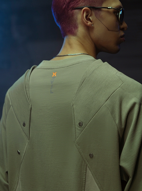 Sci-Fi Style Metal Rivets Irregular Hem Street Loose Cotton Color Matching Double Shoulder Armor Cyberpunk Short Sleeves T-shirt