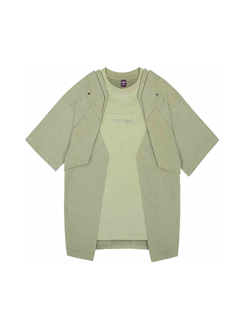 Sci-Fi Style Metal Rivets Irregular Hem Street Loose Cotton Color Matching Double Shoulder Armor Cyberpunk Short Sleeves T-shirt