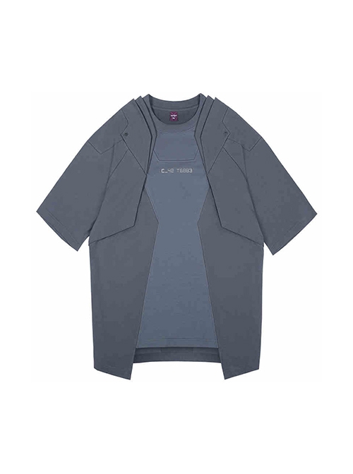Sci-Fi Style Metal Rivets Irregular Hem Street Loose Cotton Color Matching Double Shoulder Armor Cyberpunk Short Sleeves T-shirt