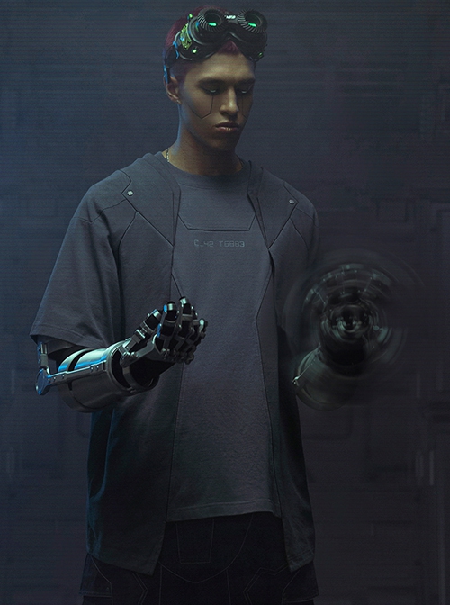Sci-Fi Style Metal Rivets Irregular Hem Street Loose Cotton Color Matching Double Shoulder Armor Cyberpunk Short Sleeves T-shirt