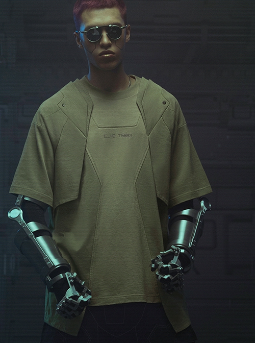 Sci-Fi Style Metal Rivets Irregular Hem Street Loose Cotton Color Matching Double Shoulder Armor Cyberpunk Short Sleeves T-shirt