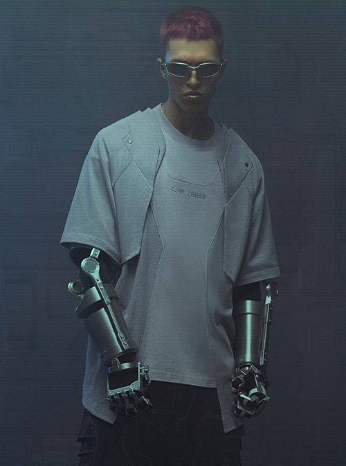 Sci-Fi Style Metal Rivets Irregular Hem Street Loose Cotton Color Matching Double Shoulder Armor Cyberpunk Short Sleeves T-shirt