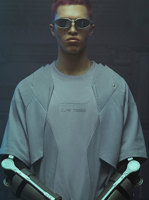 Sci-Fi Style Metal Rivets Irregular Hem Street Loose Cotton Color Matching Double Shoulder Armor Cyberpunk Short Sleeves T-shirt
