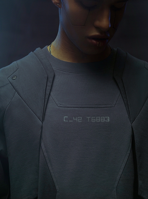Sci-Fi Style Metal Rivets Irregular Hem Street Loose Cotton Color Matching Double Shoulder Armor Cyberpunk Short Sleeves T-shirt