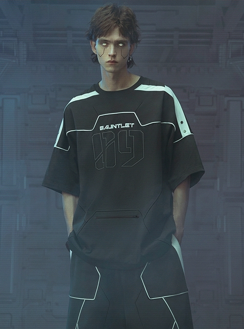 Deep Space Black Front Abdomen Zipper Pocket Street Loose Sports Style Jersey Cyberpunk Short Sleeves T-shirt
