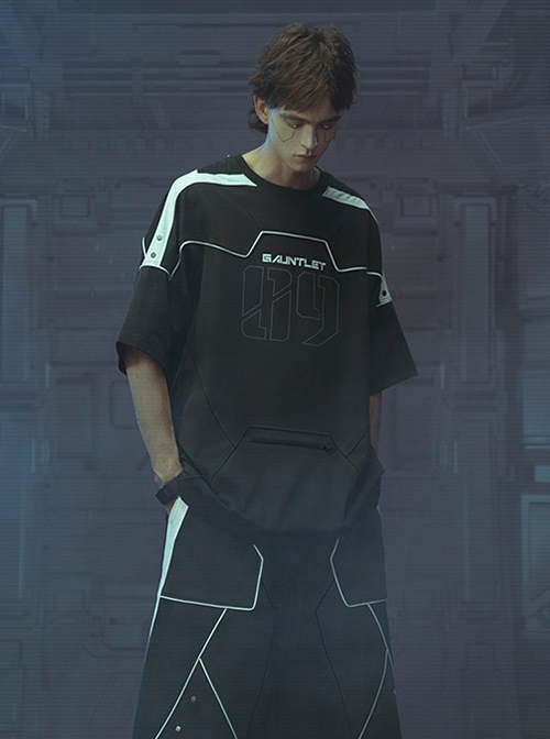 Deep Space Black Front Abdomen Zipper Pocket Street Loose Sports Style Jersey Cyberpunk Short Sleeves T-shirt