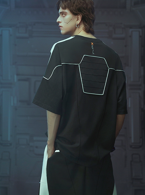 Deep Space Black Front Abdomen Zipper Pocket Street Loose Sports Style Jersey Cyberpunk Short Sleeves T-shirt
