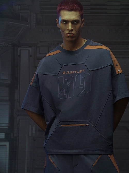 Street Sports Style Front Abdomen Zipper Pocket Shoulder Color Matching Loose Jersey Cyberpunk Short Sleeves T-shirt