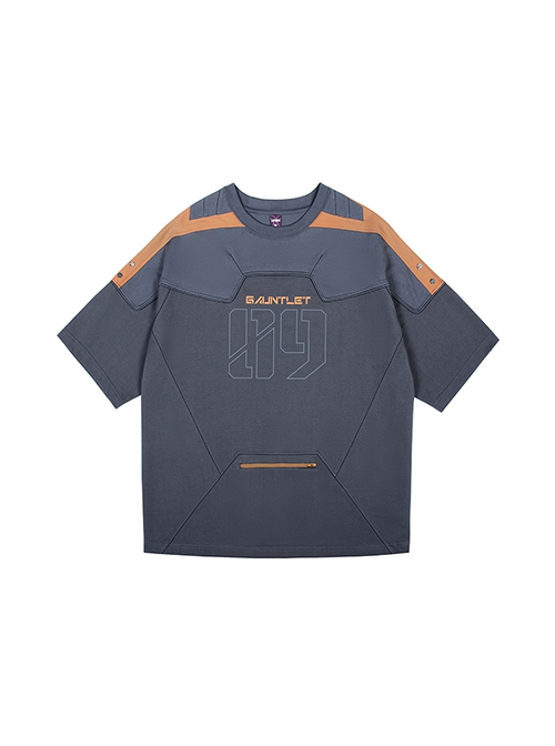 Street Sports Style Front Abdomen Zipper Pocket Shoulder Color Matching Loose Jersey Cyberpunk Short Sleeves T-shirt