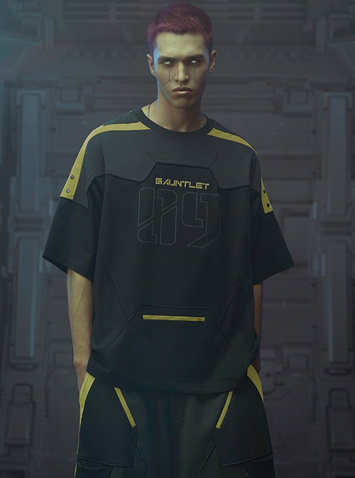 Street Sports Style Front Abdomen Zipper Pocket Shoulder Color Matching Loose Jersey Cyberpunk Short Sleeves T-shirt