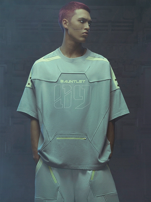 Street Sports Style Front Abdomen Zipper Pocket Shoulder Color Matching Loose Jersey Cyberpunk Short Sleeves T-shirt