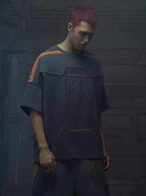 Street Sports Style Front Abdomen Zipper Pocket Shoulder Color Matching Loose Jersey Cyberpunk Short Sleeves T-shirt