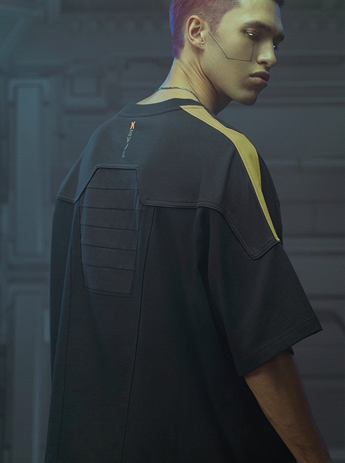 Street Sports Style Front Abdomen Zipper Pocket Shoulder Color Matching Loose Jersey Cyberpunk Short Sleeves T-shirt