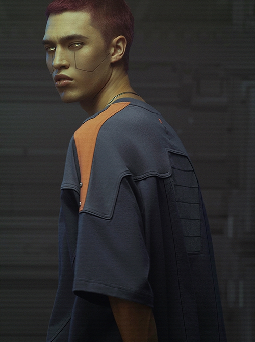 Street Sports Style Front Abdomen Zipper Pocket Shoulder Color Matching Loose Jersey Cyberpunk Short Sleeves T-shirt
