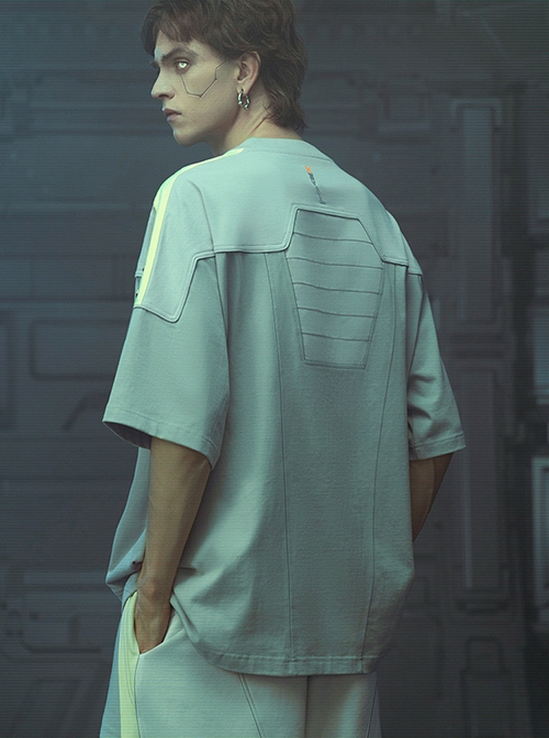 Street Sports Style Front Abdomen Zipper Pocket Shoulder Color Matching Loose Jersey Cyberpunk Short Sleeves T-shirt